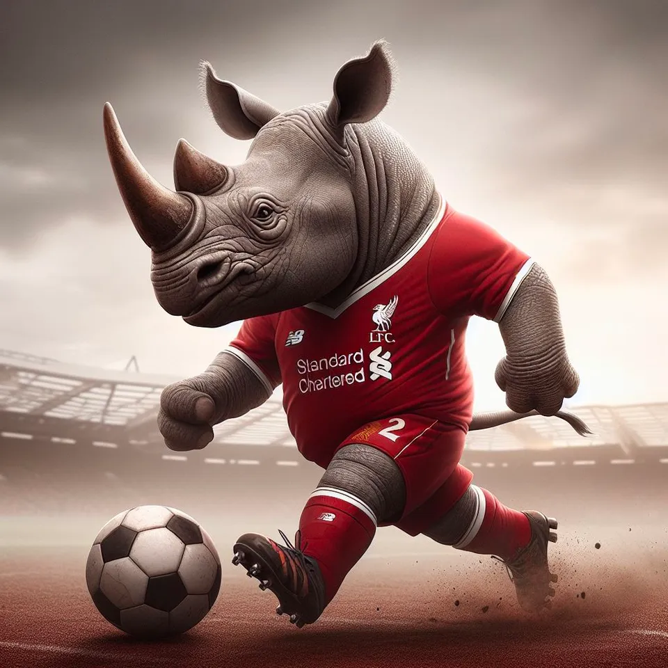 An AI-generated rhinoceros in a full Liverpool kit, dribbling a football across a stadium pitch.