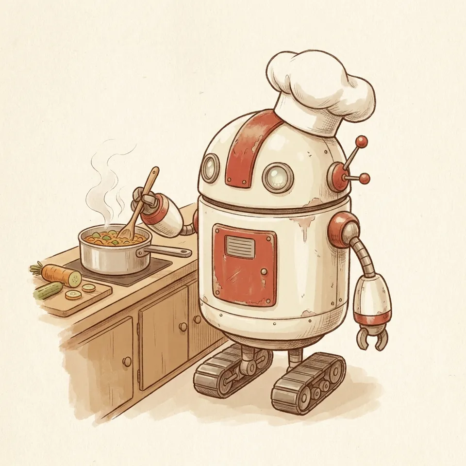 The robot in a chef's hat stirring a saucepan.