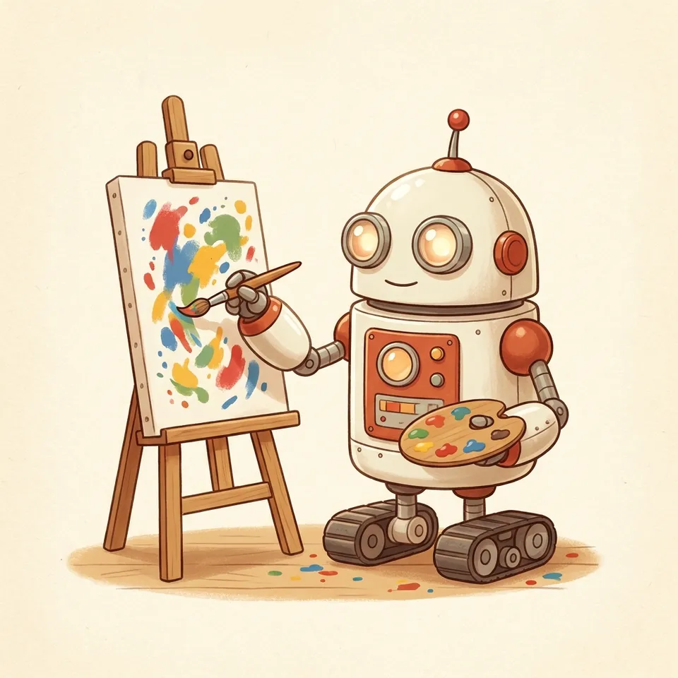 The robot painting a colourful canvas at an easel.